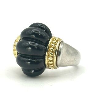 Lagos Caviar Fluted Black Onyx , Silver & 18 Kt Gold Ring Size 7